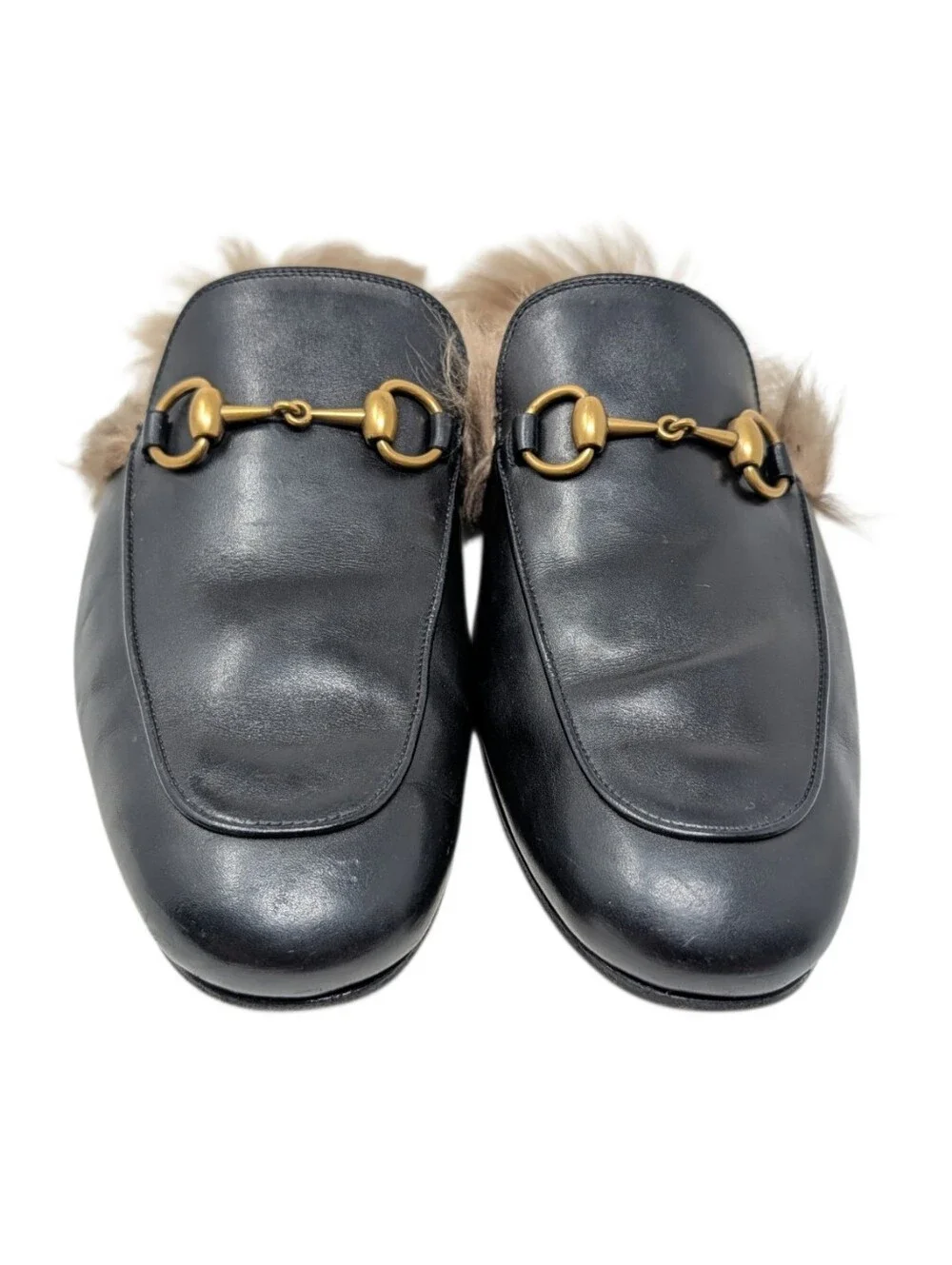 Gucci Men's Black Leather Horsebit Fur Princetown Mule Loafers Size 7